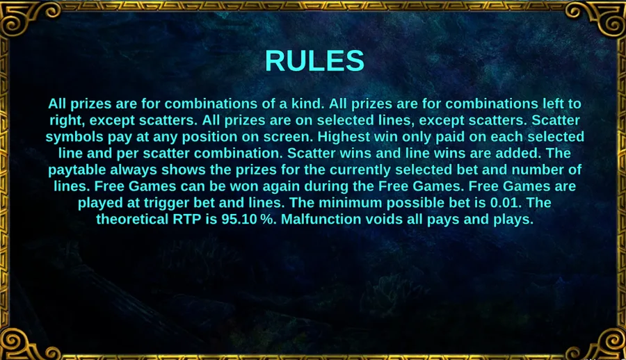RULES screen stating a theoretical RTP of 95.10 per cent