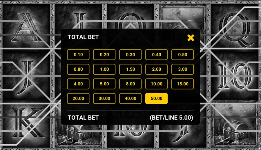 Bet panel at its ceiling, total bet 50.00 on ten lines